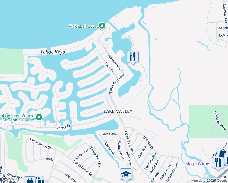 map of restaurants, bars, coffee shops, grocery stores, and more near 555 Tahoe Keys Boulevard in South Lake Tahoe