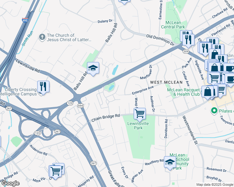 map of restaurants, bars, coffee shops, grocery stores, and more near 7213 Farm Meadow Court in McLean
