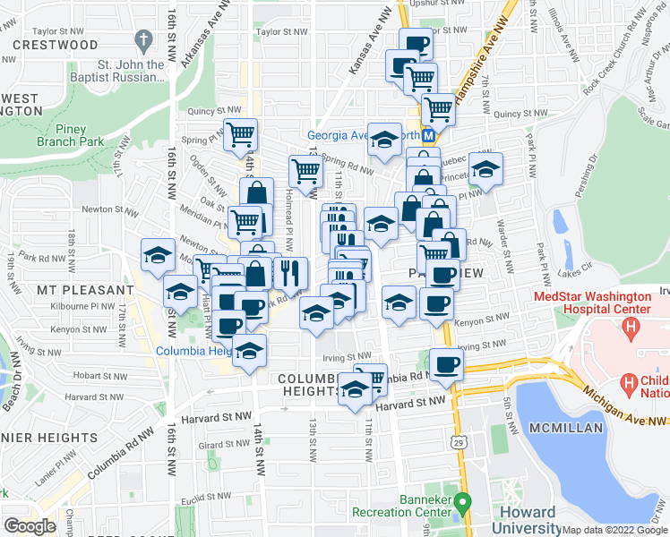 map of restaurants, bars, coffee shops, grocery stores, and more near 1105 Park Road Northwest in Washington