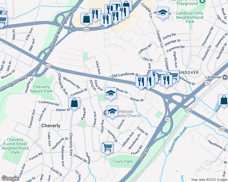 map of restaurants, bars, coffee shops, grocery stores, and more near 6316 Kilmer Street in Cheverly