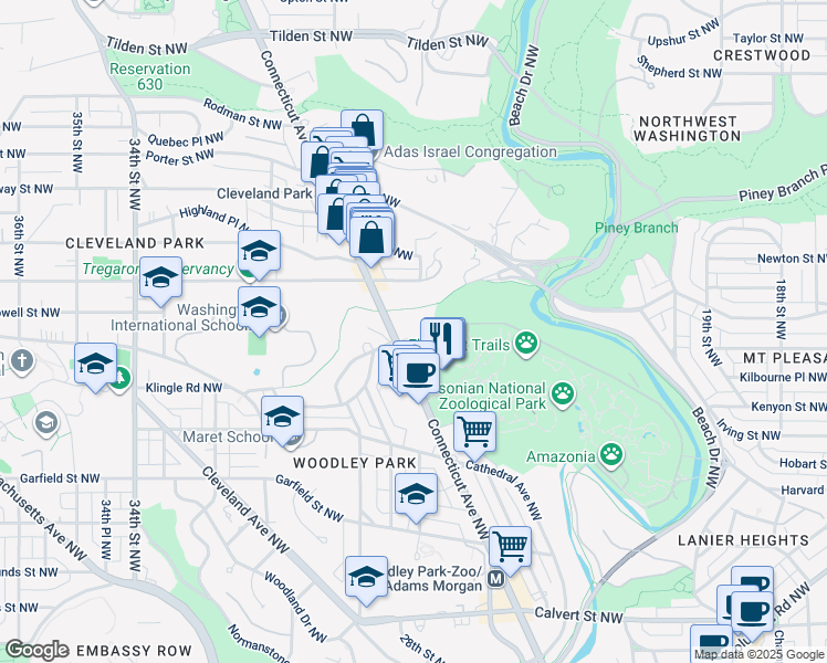 map of restaurants, bars, coffee shops, grocery stores, and more near 3133 Connecticut Avenue Northwest in Washington