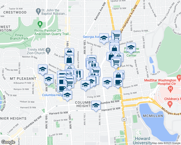 map of restaurants, bars, coffee shops, grocery stores, and more near 1103 Park Road Northwest in Washington