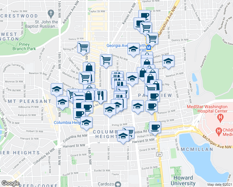 map of restaurants, bars, coffee shops, grocery stores, and more near 1103 Park Road Northwest in Washington