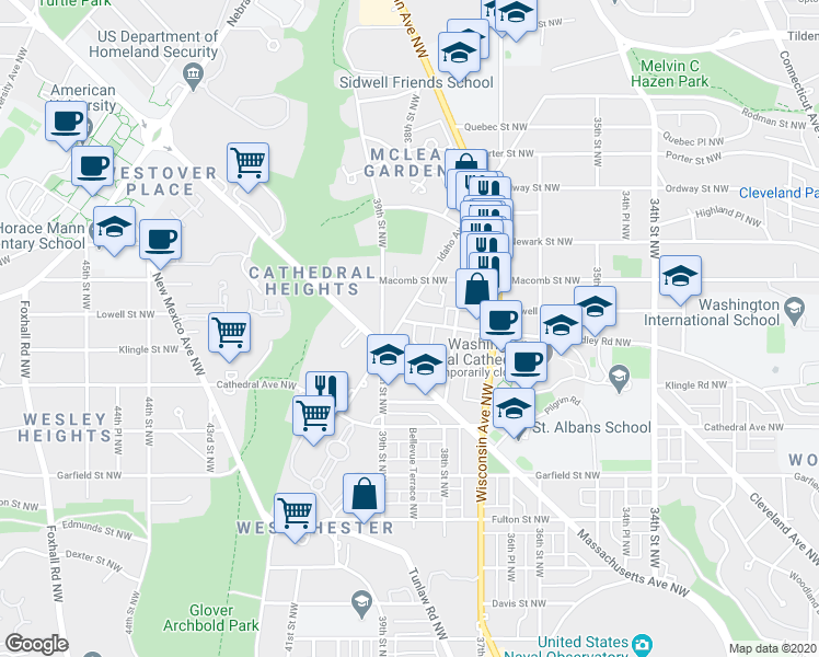 map of restaurants, bars, coffee shops, grocery stores, and more near 3846 Woodley Road Northwest in Washington