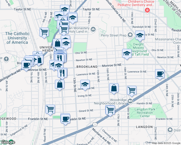 map of restaurants, bars, coffee shops, grocery stores, and more near 1406 Lawrence Street Northeast in Washington