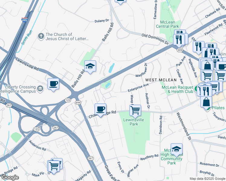 map of restaurants, bars, coffee shops, grocery stores, and more near 7213 Farm Meadow Court in McLean