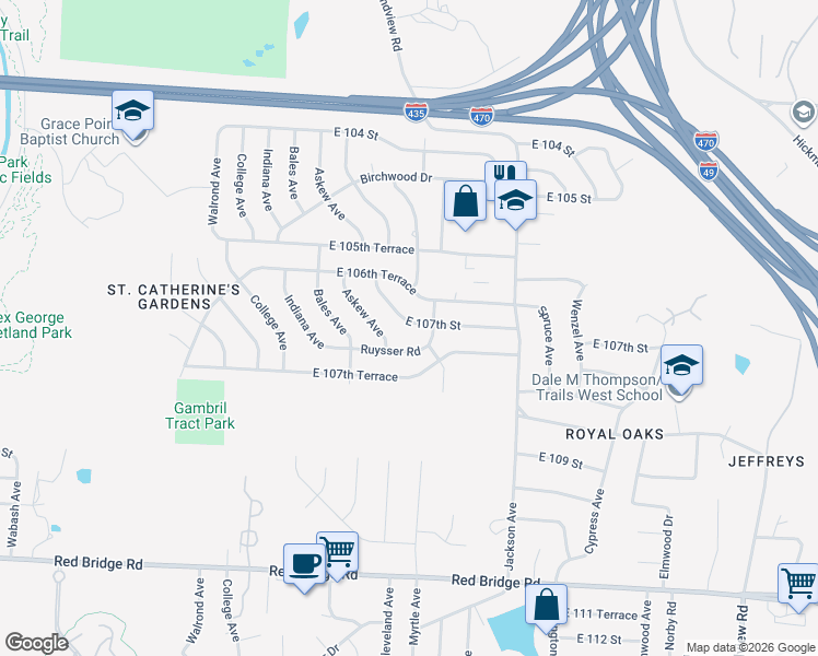 map of restaurants, bars, coffee shops, grocery stores, and more near 3809 East 107th Street in Kansas City