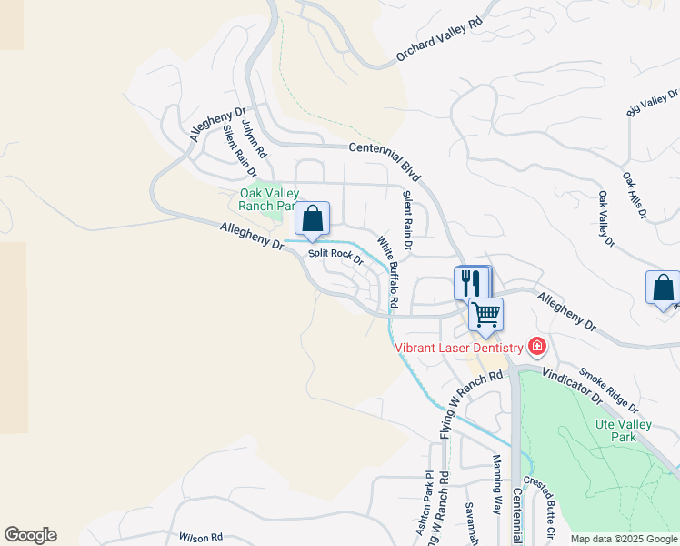map of restaurants, bars, coffee shops, grocery stores, and more near 2366 Split Rock Drive in Colorado Springs