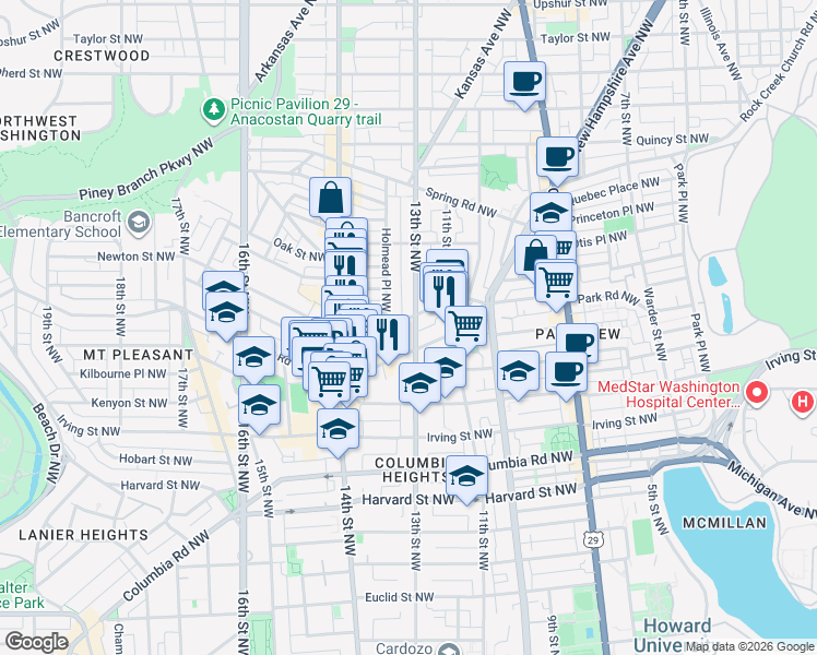 map of restaurants, bars, coffee shops, grocery stores, and more near 101 Independence Avenue Southeast in Washington