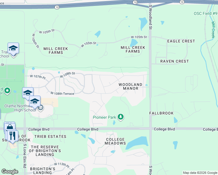 map of restaurants, bars, coffee shops, grocery stores, and more near 20440 West 107th Terrace in Olathe
