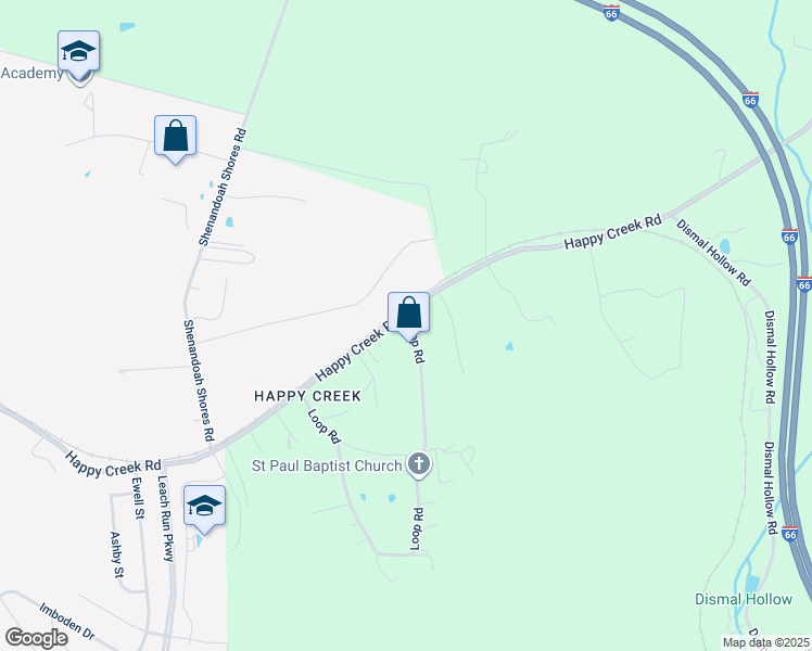 map of restaurants, bars, coffee shops, grocery stores, and more near 1996 Happy Creek Road in Front Royal