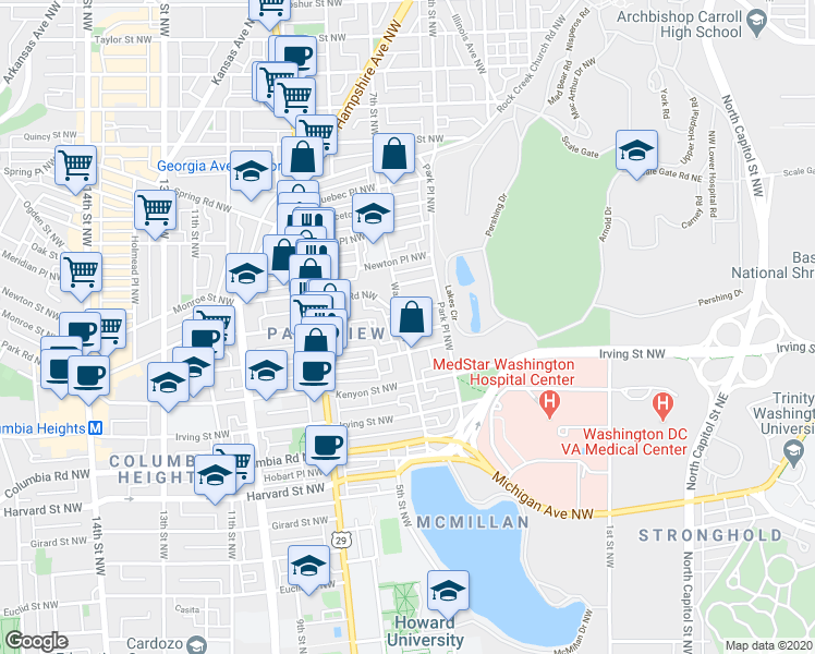map of restaurants, bars, coffee shops, grocery stores, and more near 469 Luray Place Northwest in Washington