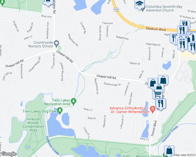 map of restaurants, bars, coffee shops, grocery stores, and more near 2212 Chapel Hill Road in Columbia