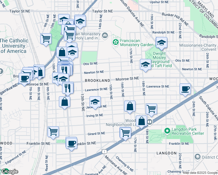 map of restaurants, bars, coffee shops, grocery stores, and more near 3400 15th Street Northeast in Washington