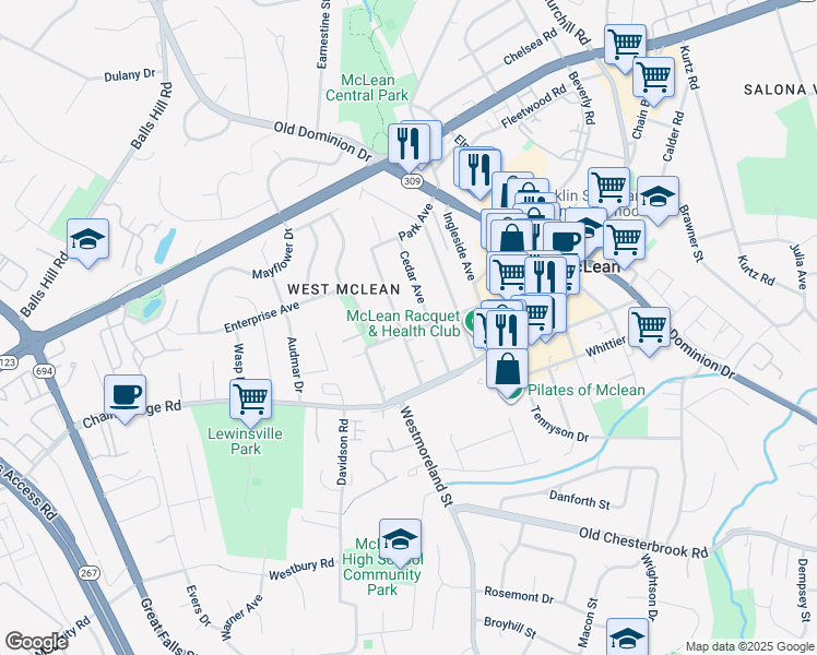 map of restaurants, bars, coffee shops, grocery stores, and more near 1475 Spring Vale Avenue in McLean