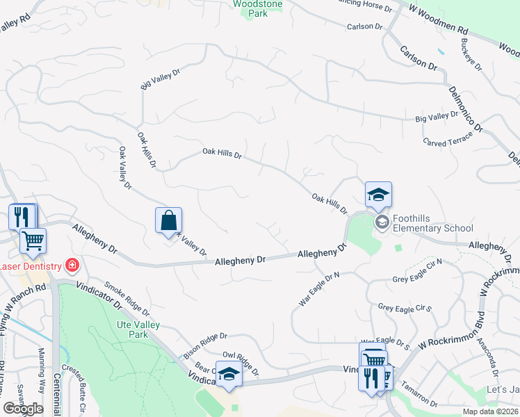 map of restaurants, bars, coffee shops, grocery stores, and more near 6945 Oak Valley Lane in Colorado Springs