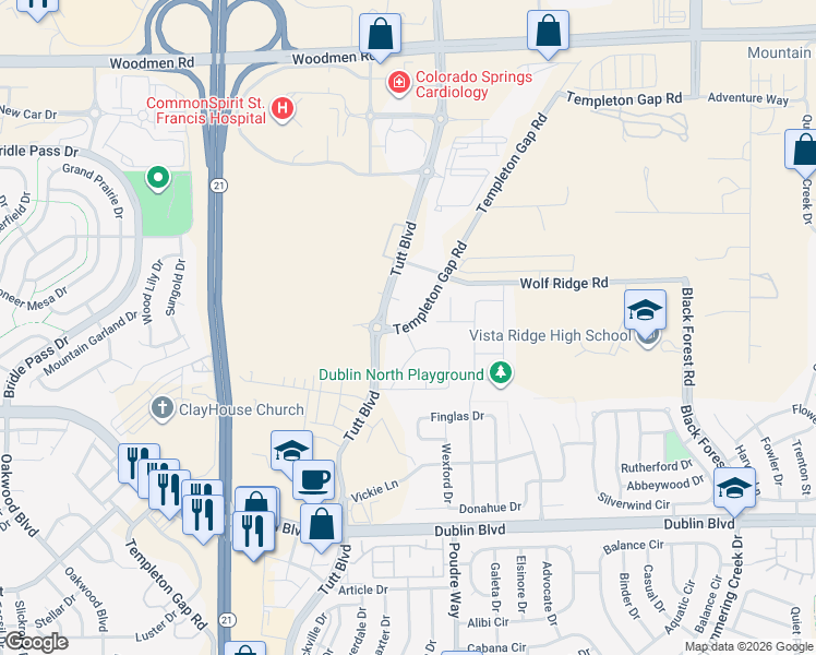 map of restaurants, bars, coffee shops, grocery stores, and more near 6795 Templeton Gap Road in Colorado Springs