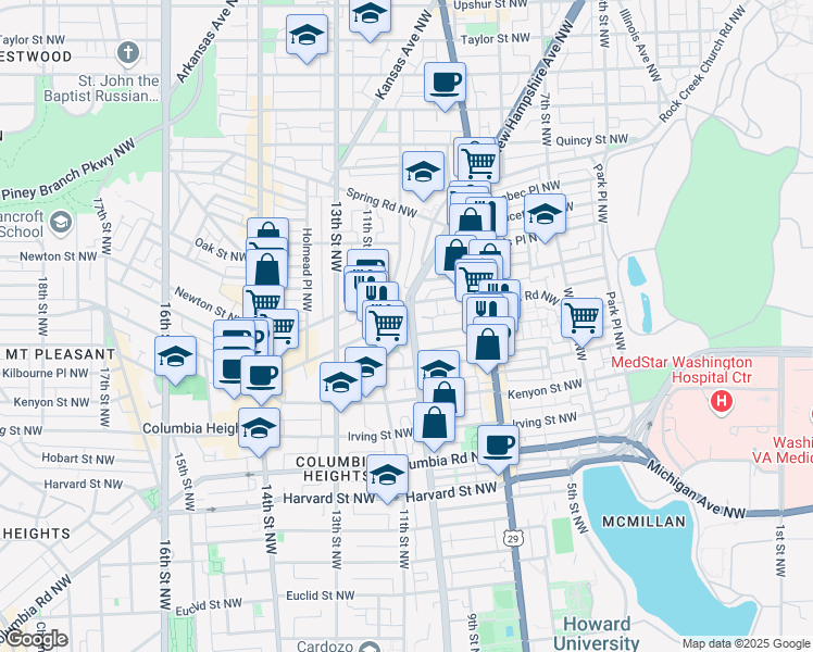map of restaurants, bars, coffee shops, grocery stores, and more near 3408 Sherman Avenue Northwest in Washington