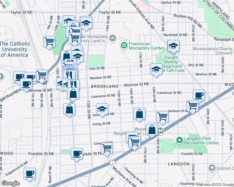 map of restaurants, bars, coffee shops, grocery stores, and more near 3400 15th Street Northeast in Washington