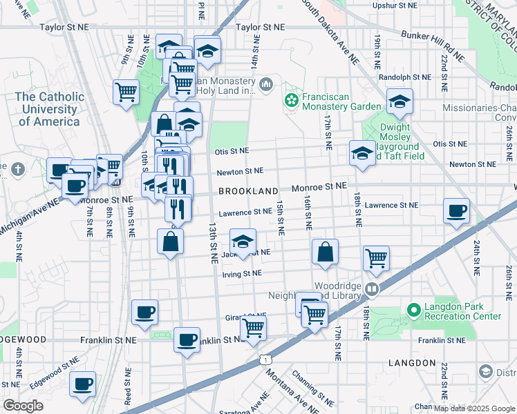 map of restaurants, bars, coffee shops, grocery stores, and more near 1406 Lawrence Street Northeast in Washington