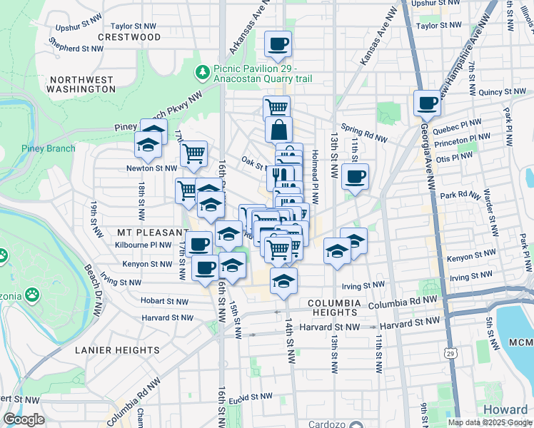 map of restaurants, bars, coffee shops, grocery stores, and more near 1430 Newton Street Northwest in Washington