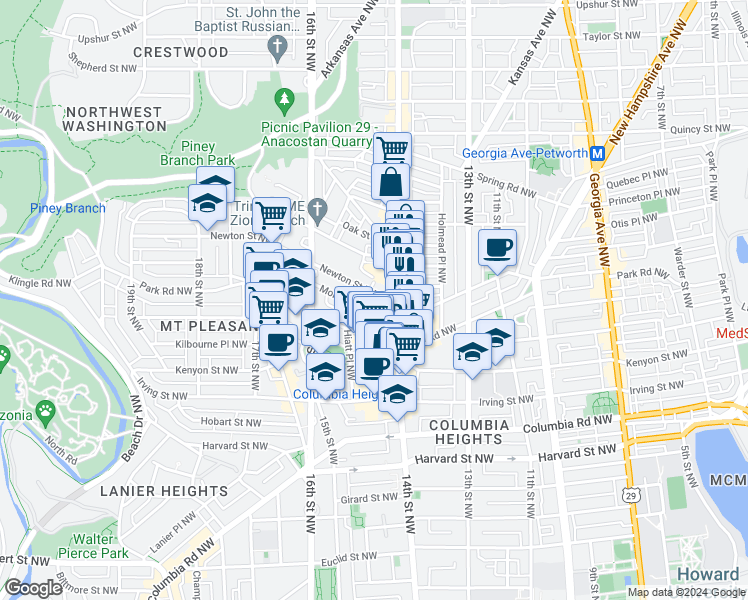 map of restaurants, bars, coffee shops, grocery stores, and more near 1430 Newton Street Northwest in Washington