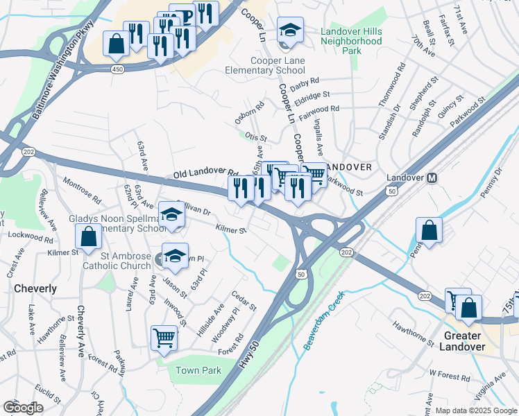 map of restaurants, bars, coffee shops, grocery stores, and more near 6501 Landover Road in Cheverly