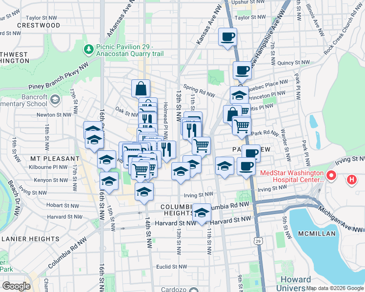 map of restaurants, bars, coffee shops, grocery stores, and more near 101 Independence Avenue Southeast in Washington