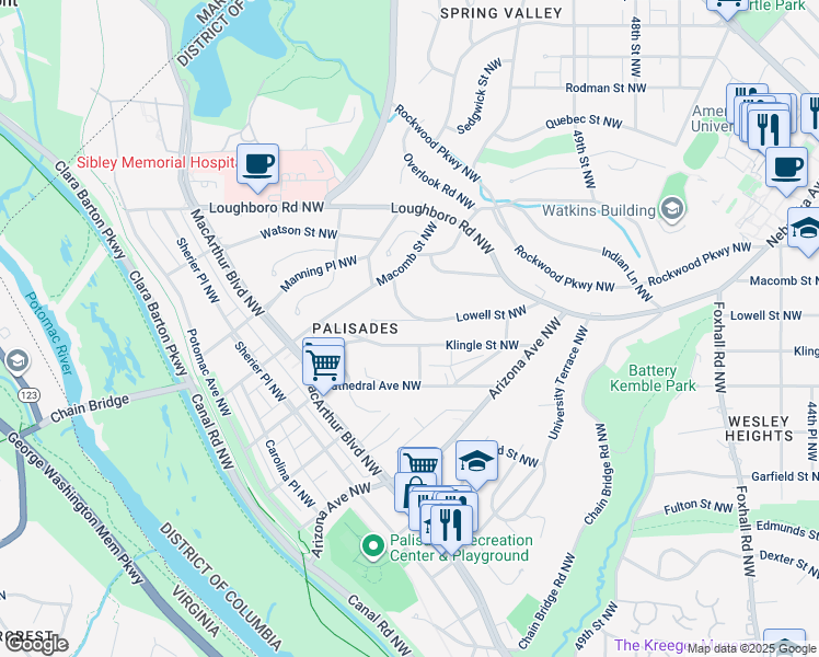 map of restaurants, bars, coffee shops, grocery stores, and more near 5058 Lowell Street Northwest in Washington