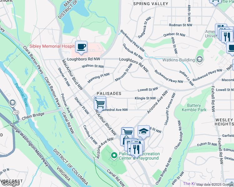 map of restaurants, bars, coffee shops, grocery stores, and more near 5080 Lowell Street Northwest in Washington