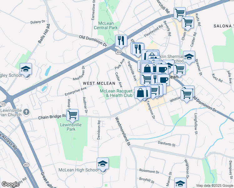 map of restaurants, bars, coffee shops, grocery stores, and more near 1475 Spring Vale Avenue in McLean