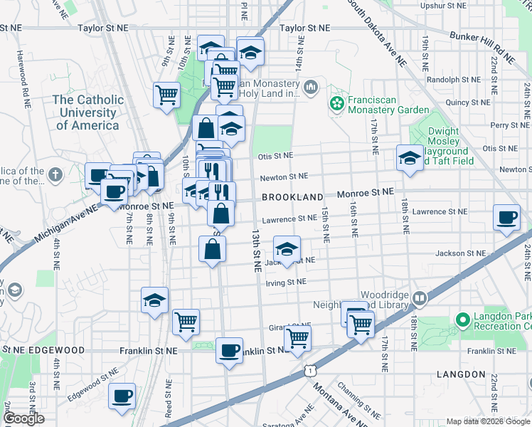 map of restaurants, bars, coffee shops, grocery stores, and more near 1308 Lawrence Street Northeast in Washington