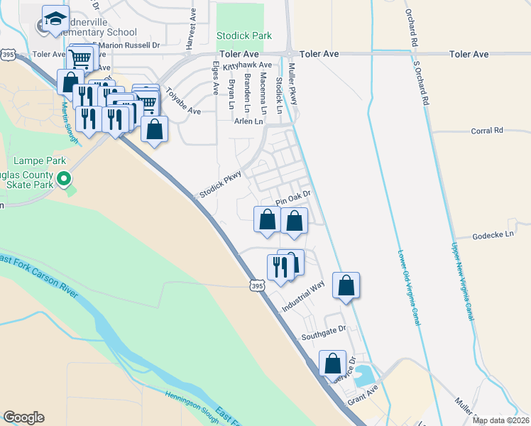 map of restaurants, bars, coffee shops, grocery stores, and more near 1402 Pin Oak Drive in Gardnerville