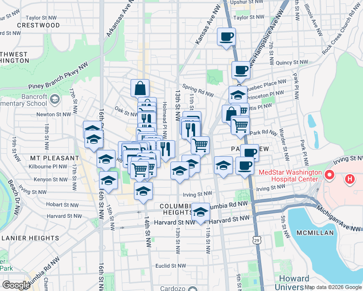 map of restaurants, bars, coffee shops, grocery stores, and more near 3427 13th Street Northwest in Washington