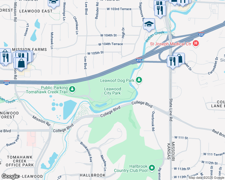 map of restaurants, bars, coffee shops, grocery stores, and more near 10601 Lee Boulevard in Leawood