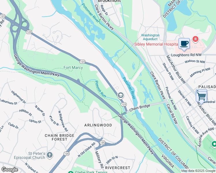 map of restaurants, bars, coffee shops, grocery stores, and more near 400 Chain Bridge Road in McLean