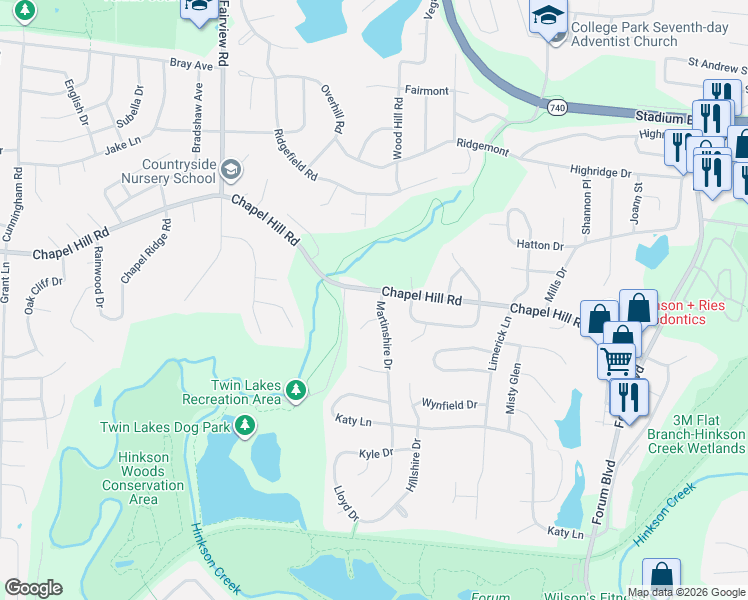 map of restaurants, bars, coffee shops, grocery stores, and more near 2302 Chapel Hill Road in Columbia