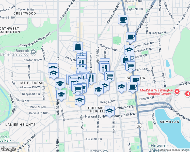 map of restaurants, bars, coffee shops, grocery stores, and more near 1300 Monroe Street Northwest in Washington