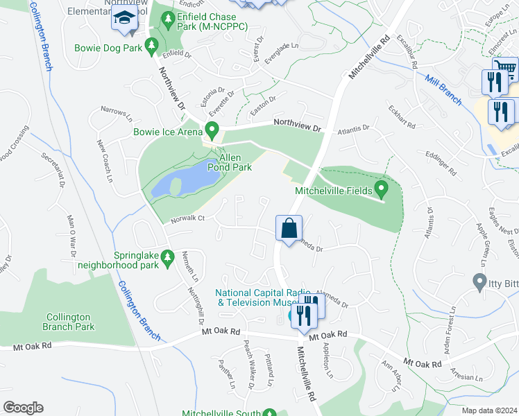 map of restaurants, bars, coffee shops, grocery stores, and more near 3030 New Oak Lane in Bowie