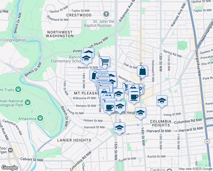 map of restaurants, bars, coffee shops, grocery stores, and more near 1658 Park Road Northwest in Washington