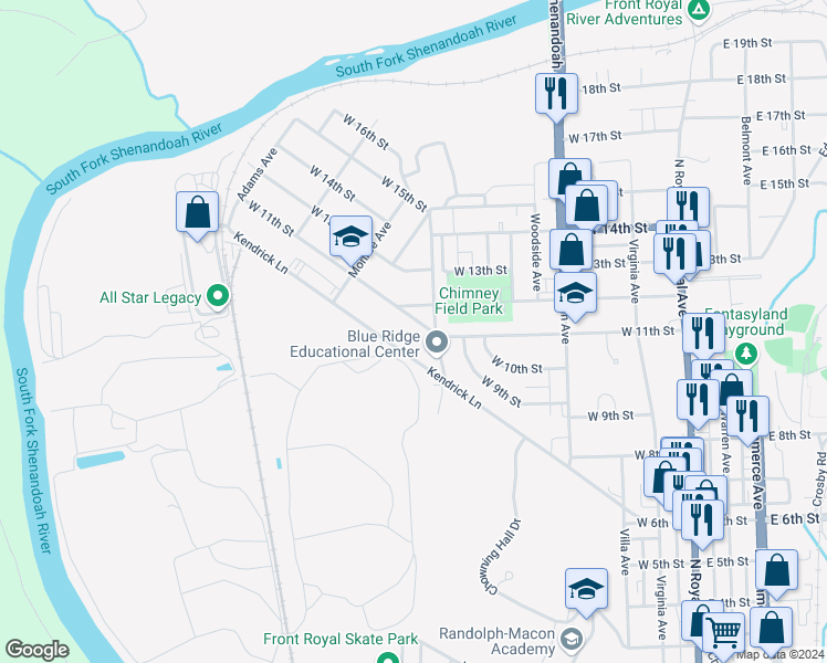 map of restaurants, bars, coffee shops, grocery stores, and more near 612 West 11th Street in Front Royal