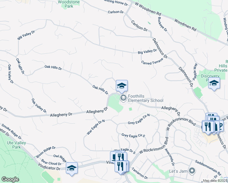 map of restaurants, bars, coffee shops, grocery stores, and more near 945 Oak Bend Court in Colorado Springs