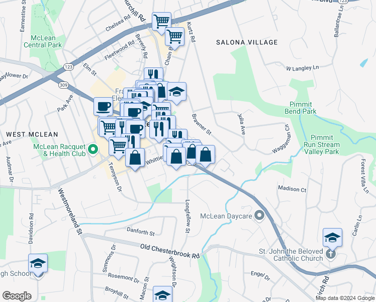 map of restaurants, bars, coffee shops, grocery stores, and more near 1546 Hampton Hill Circle in McLean