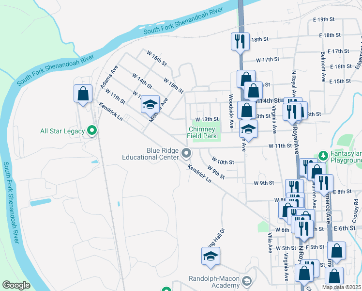 map of restaurants, bars, coffee shops, grocery stores, and more near 610 West 11th Street in Front Royal