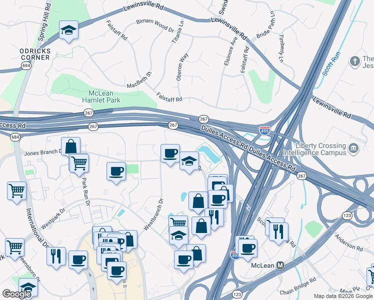 map of restaurants, bars, coffee shops, grocery stores, and more near 7950 Jones Branch Drive in Tysons