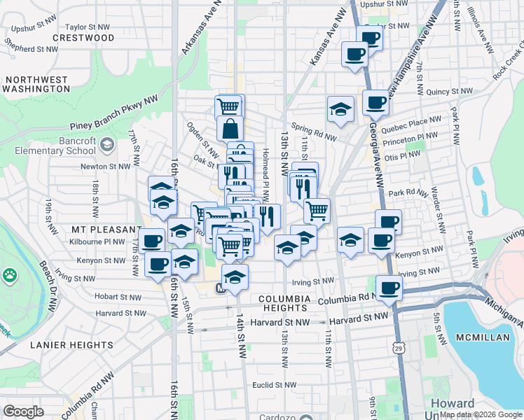 map of restaurants, bars, coffee shops, grocery stores, and more near 101 Independence Avenue Southeast in Washington
