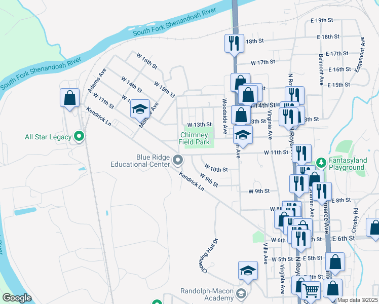 map of restaurants, bars, coffee shops, grocery stores, and more near 377 West 11th Street in Front Royal