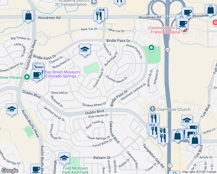 map of restaurants, bars, coffee shops, grocery stores, and more near 6813 Grand Prairie Drive in Colorado Springs