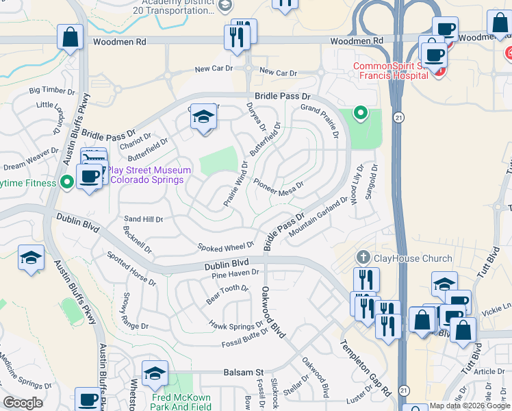 map of restaurants, bars, coffee shops, grocery stores, and more near 6813 Grand Prairie Drive in Colorado Springs