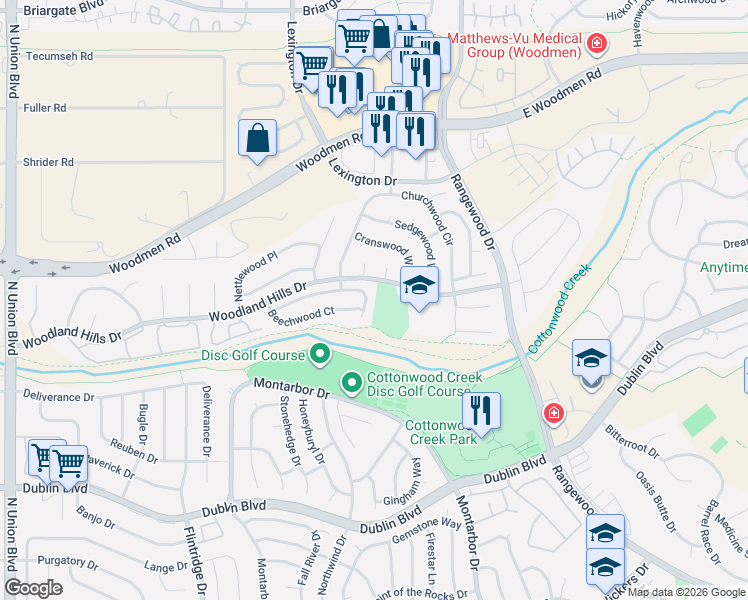 map of restaurants, bars, coffee shops, grocery stores, and more near 3640 Hazelwood Court in Colorado Springs